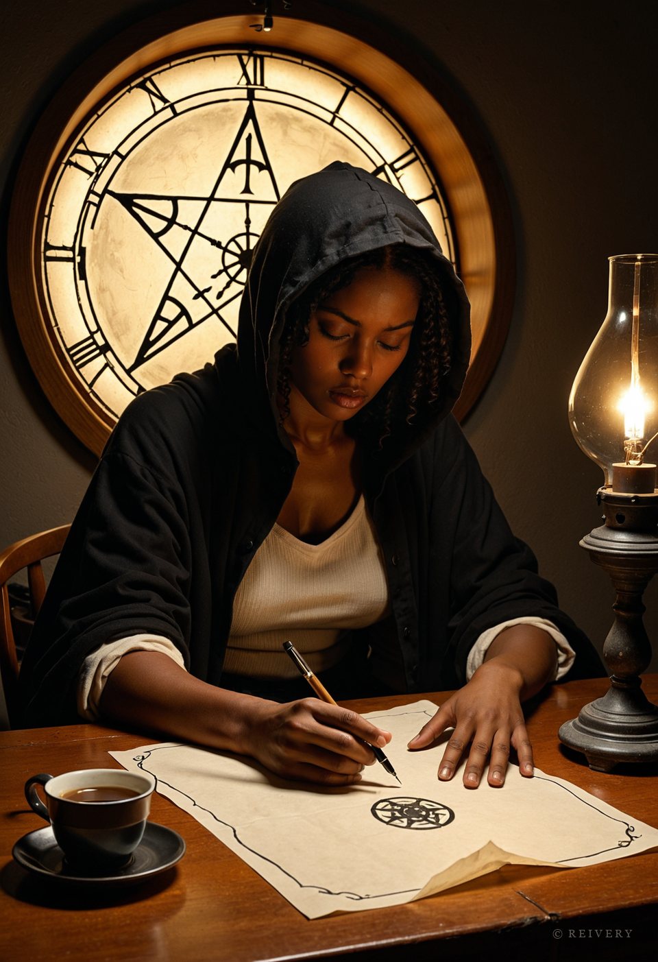 The Reiver: a hooded woman writes by the light of a single oil lamp, a great clock-face wheel glowing behind her.